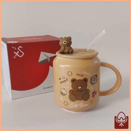 ماگ فانتزی خرسی مدل Cute Bear – درب سیلیکونی و نی شیشه‌ای | ماگ دخترانه فانتزی