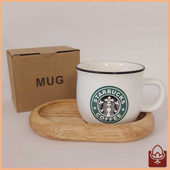 ماگ استارباکس مدل SB-101 رنگ سفید با زیره چوبی | انتخابی شیک برای عاشقان قهوه