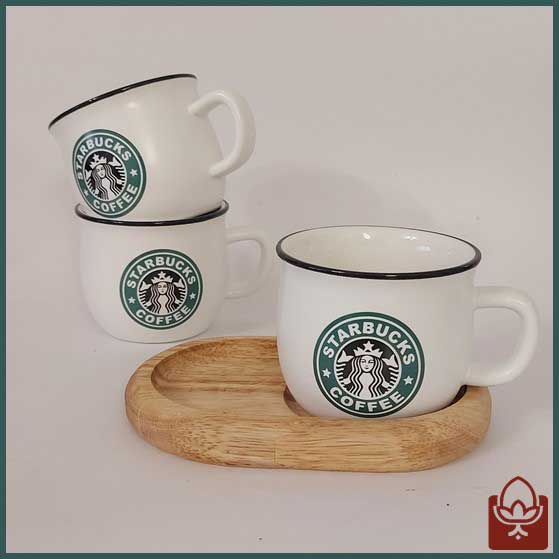 ماگ استارباکس مدل SB-101 رنگ سفید با زیره چوبی | انتخابی شیک برای عاشقان قهوه