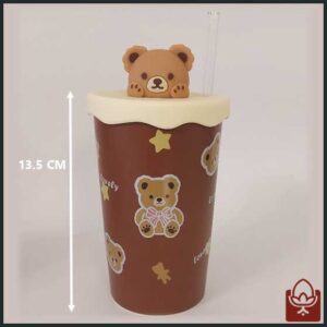 ماگ فانتزی خرسی مدل FM-101 – دارای درپوش سیلیکونی و نی شیشه‌ای